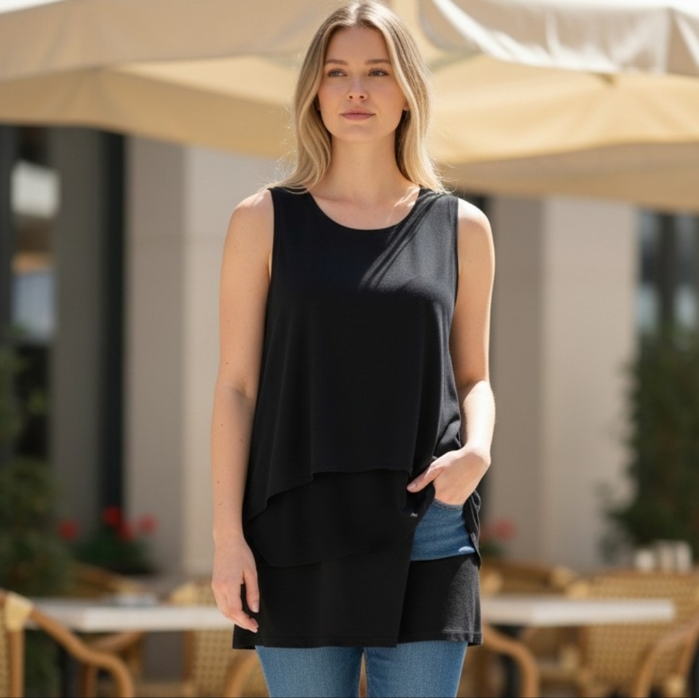 Calvin Klein Layer Top Linen Black Bohemian Performance Wear Yoga Tank Top Gauzy